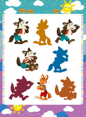 cartoon set of medieval animal characters fox and wolf - searching game with shadows