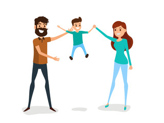 Happy family father, mother and son concept. Happy family gesturing with cheerful smile.