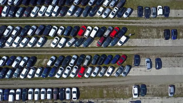 Aerial shot of new car parking, top view. 4K video
