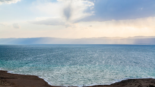 view Dead Sea from Jordan shore in winter evening