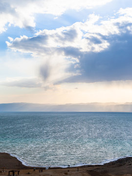 view Dead Sea from Jordan coast in winter evening