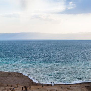 above view of Dead Sea from Jordan coast in winter
