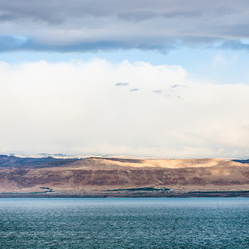 view of Dead Sea and Jerusalem on winter sunrise