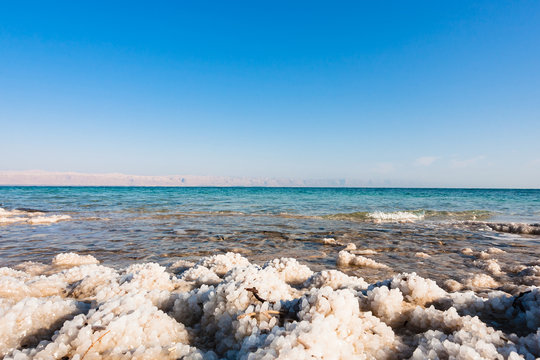 salt crystals close up on coast of Dead Sea