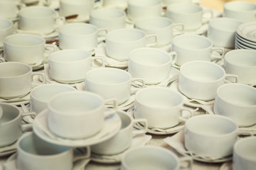 tea sets, collection white coffee cups, buffet, catering