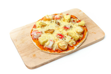 Cheese pizza on wooden plate, isolated background