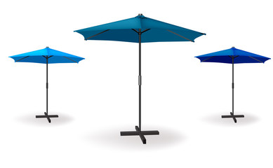 Set of three blue umbrellas. Vector illustration for beach, advertising or cafe
