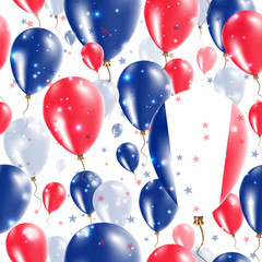 France Independence Day Seamless Pattern. Flying Rubber Balloons in Colors of the French Flag. Happy France Day Patriotic Card with Balloons, Stars and Sparkles.