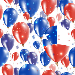Chile Independence Day Seamless Pattern. Flying Rubber Balloons in Colors of the Chilean Flag. Happy Chile Day Patriotic Card with Balloons, Stars and Sparkles.