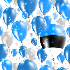Estonia Independence Day Seamless Pattern. Flying Rubber Balloons in Colors of the Estonian Flag. Happy Estonia Day Patriotic Card with Balloons, Stars and Sparkles.