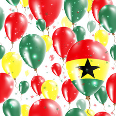 Ghana Independence Day Seamless Pattern. Flying Rubber Balloons in Colors of the Ghanaian Flag. Happy Ghana Day Patriotic Card with Balloons, Stars and Sparkles.