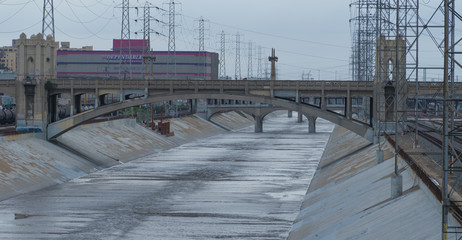 Los Angeles industrial, train tracks, bridge water river