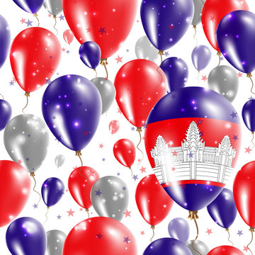 Cambodia Independence Day Seamless Pattern. Flying Rubber Balloons in Colors of the Cambodian Flag. Happy Cambodia Day Patriotic Card with Balloons, Stars and Sparkles.