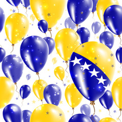 Bosnia Independence Day Seamless Pattern. Flying Rubber Balloons in Colors of the Bosnian, Herzegovinian Flag. Happy Bosnia Day Patriotic Card with Balloons, Stars and Sparkles.