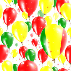 Mali Independence Day Seamless Pattern. Flying Rubber Balloons in Colors of the Malian Flag. Happy Mali Day Patriotic Card with Balloons, Stars and Sparkles.