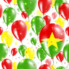 Burkina Faso Independence Day Seamless Pattern. Flying Rubber Balloons in Colors of the Burkinabe Flag. Happy Burkina Faso Day Patriotic Card with Balloons, Stars and Sparkles.