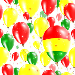 Bolivia Independence Day Seamless Pattern. Flying Rubber Balloons in Colors of the Bolivian Flag. Happy Bolivia Day Patriotic Card with Balloons, Stars and Sparkles.