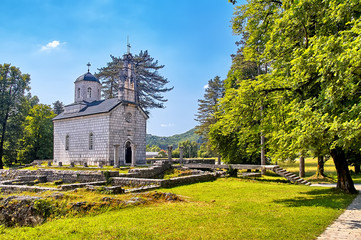 Old orthodox church Cetinje at sunny day and blue sky, Montenegro