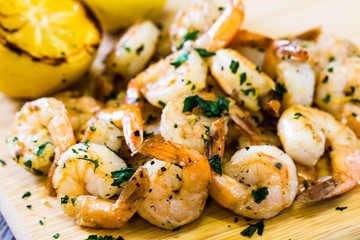 Close Up Cooked Shrimp Seafood With Lemon Wedges
