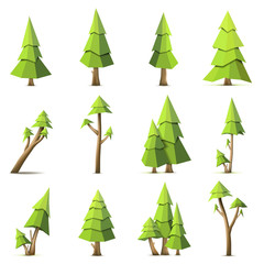 low polygon vector tree set on isolated white background