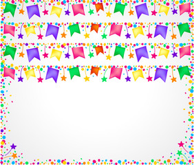 White party background with colored banners on top and space for text below. To use on birthday cards and general parties.