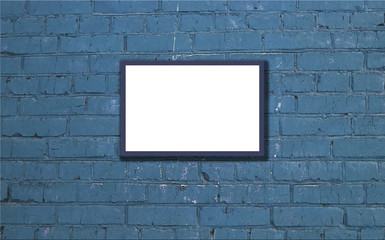 Mock up frame on  blue brick wall. 3D illustration.