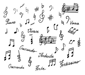 Hand drawn musical notes elements with text
