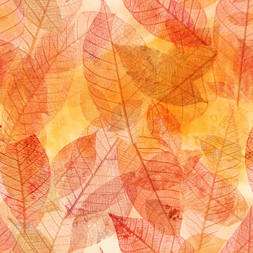 Seamless background pattern of golden skeleton leaves