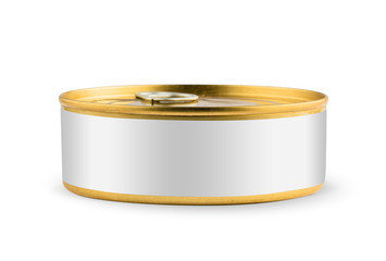 White blank tincan gold metal Tin Can with key, canned Food. Isolated on white background with clipping path. Ready for your design. Real product packing. Mockup.