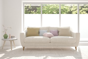 White room with sofa and green landscape in window. Scandinavian interior design. 3D illustration