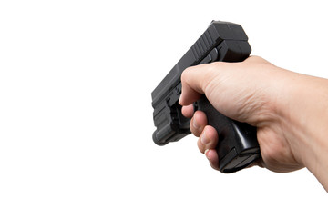 Hand hold gun isolated on white. Shooting posture.