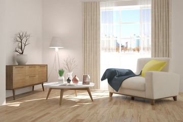White room with armchair and winter landscape in window. Scandinavian interior design. 3D illustration