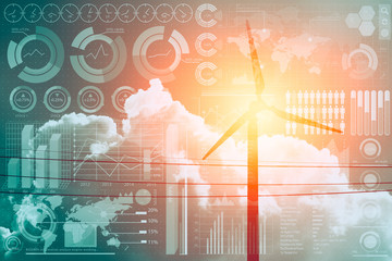 future of power and technology, wind turbine with business information mix media overlay