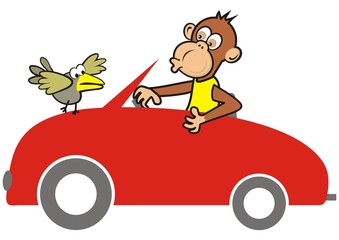 red car and animal, monkey and bird, funny vector icon