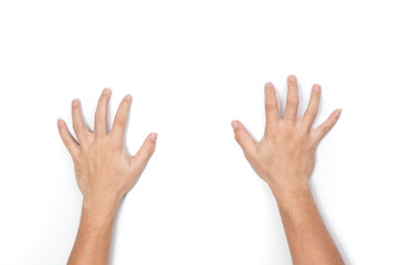 Male two hand rise scratch the wall isolated on white.