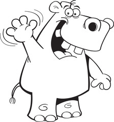 Black and white illustration of a hippo waving.