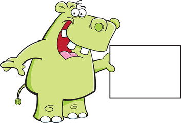 Cartoon illustration of a hippopotamus holding a sign.