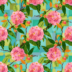 Seamless pattern with pink camellias on teal blue geometric shapes