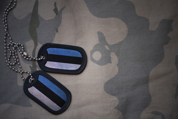army blank, dog tag with flag of estonia on the khaki texture background. military concept