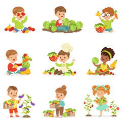 Cute little children playing, gathering and preparing vegetables, set for label design. Cartoon detailed colorful Illustrations