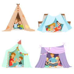 Cute little children playing with a teepee tent, set for label design. Cartoon detailed colorful Illustrations © topvectors