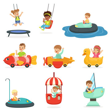 Children ride on attractions in the amusement park, set for label design. Cartoon detailed colorful Illustrations