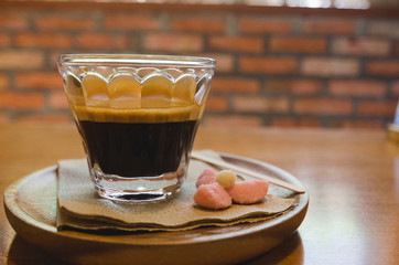 black coffee glass cup in coffee shop.