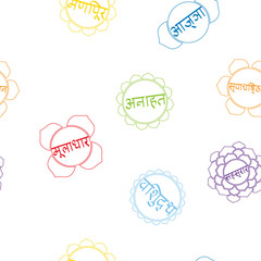 seamless pattern with signs and names of chakras in Sanskrit for your design
