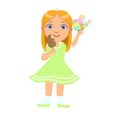 Pretty baby girl kid holding ice cream, a colorful character