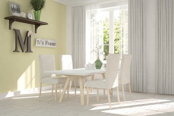 White dinner room with green landscape in window. Scandinavian interior design. 3D illustration