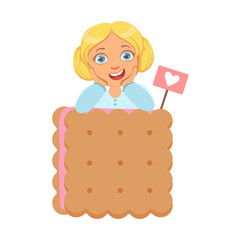 Smiling little girl with a huge biscuit, a colorful character