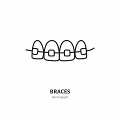 Dentist, orthodontics line icon of braces, teeth alignment. Dental care equipment sign, medical elements. Health care thin linear symbol for dentistry clinic.