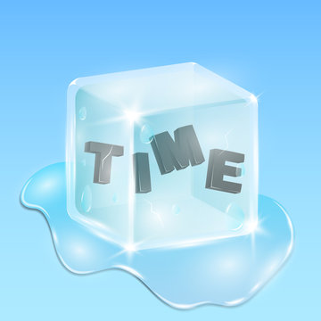 Frozen time in an ice cube. Black shiny text in 3d style. Continuation of the winter season