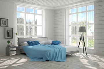 White bedroom with green landscape in window. Scandinavian interior design. 3D illustration